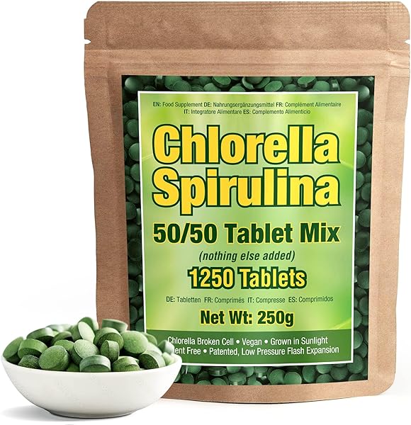 Premium Chlorella Spirulina 1,250 Tablets, Non-GMO, Vegan Organic Capsules, Sunlight Grown, Cracked Cell Wall, High Protein, Heavy Metal Detox in Pakistan in Pakistan
