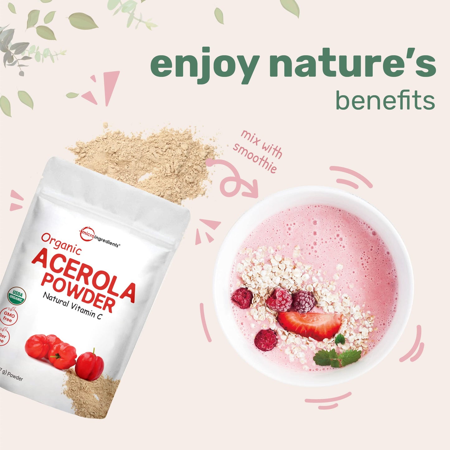 Pure Acerola Cherry Powder Organic, Natural Organic Vitamin C for Immune System Booster, 8 Ounce, Best Superfoods for Beverage, Smoothie and Drinks, Vegan Friendly, Brazil Origin