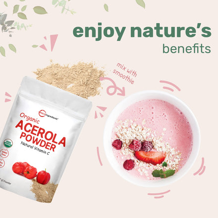 Pure Acerola Cherry Powder Organic, Natural Organic Vitamin C for Immune System Booster, 8 Ounce, Best Superfoods for Beverage, Smoothie and Drinks, Vegan Friendly, Brazil Origin