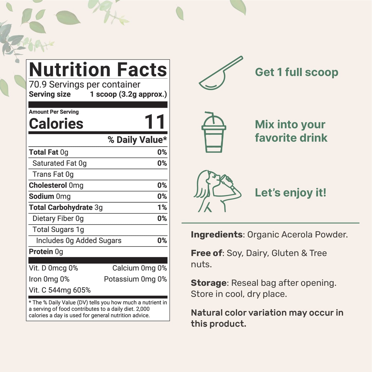 Pure Acerola Cherry Powder Organic, Natural Organic Vitamin C for Immune System Booster, 8 Ounce, Best Superfoods for Beverage, Smoothie and Drinks, Vegan Friendly, Brazil Origin