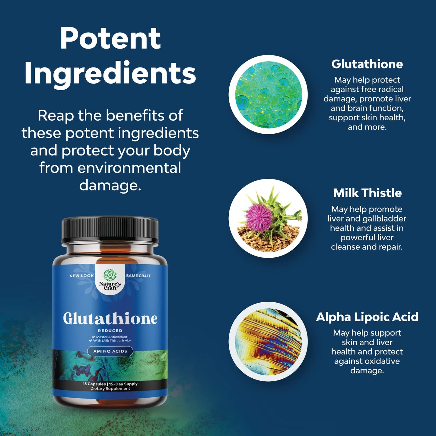 Reduced Glutathione Supplement with Glutamic Acid - L Glutathione 500mg Per Serving with Silymarin Milk Thistle Extract ALA Alpha Lipoic Acid Complex for Liver Support Skin Complexion Immunity