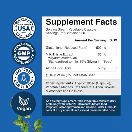 Reduced Glutathione Supplement with Glutamic Acid - L Glutathione 500mg Per Serving with Silymarin Milk Thistle Extract ALA Alpha Lipoic Acid Complex for Liver Support Skin Complexion Immunity