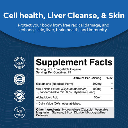 Reduced Glutathione Supplement with Glutamic Acid - L Glutathione 500mg Per Serving with Silymarin Milk Thistle Extract ALA Alpha Lipoic Acid Complex for Liver Support Skin Complexion Immunity