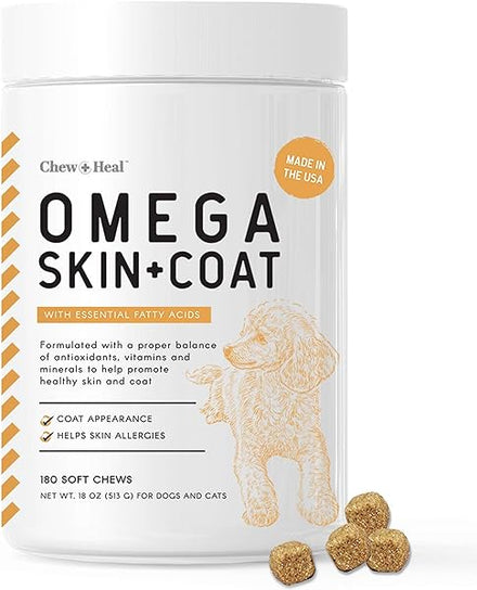 Salmon Oil for Dogs - 180 Soft Chew Omega Treats for Skin and Coat - Fish Oil Blend of Essential Fatty Acids, Omega 3 and 6, Vitamins, Antioxidants and Minerals - Made in USA in Pakistan