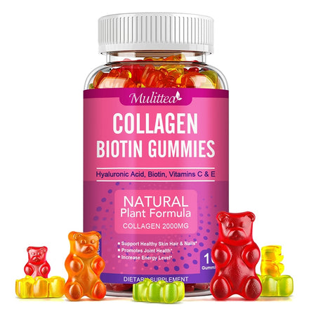 Mulittea Collagen Gummies Biotin for Hair Growth Whitening Skin Care Health Nails &Anti Aging Vitamins C E Dietary Supplement
