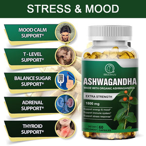 BBEEAAUU Organic Health Food 1800mg Ayurvedic Ashwagandha Capsule Help Sleep Reduce Anxiety Enhances Immunity Energy Supplement