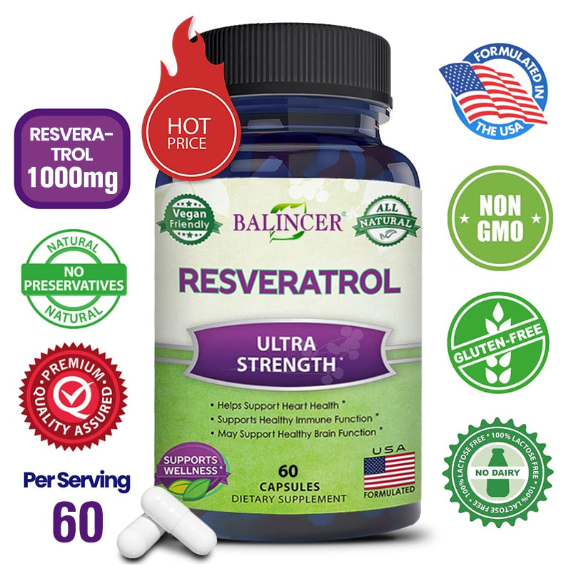 Natural Resveratrol-Antioxidant Supplement, Trans-Resveratrol for Heart Health and Fat Burning, Trans-Resveratrol for Anti-Aging