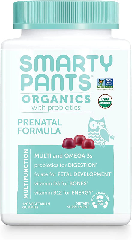 SmartyPants Organic Prenatal Vitamins, Daily Gummy Multivitamin: Folate, Probiotics, Vitamins C, D3, B12, K & Zinc for Immune Support, Digestive Health, & Fetal Development, 120 Gummies, 30 Day Supply