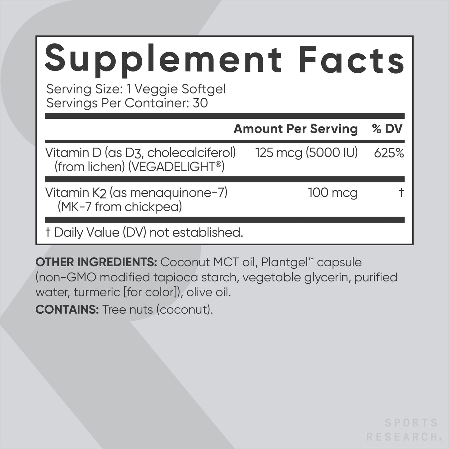 Sports Research Vitamin D3 K2 with Coconut Oil | Plant Based Vitamin K2 MK7 + Vegan D3 5000iu for Bone & Immune Health | Vegan Certified, Soy & Gluten Free - 30 Count Softgels