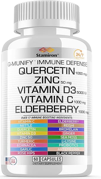 Stamiron Quercetin 1000mg Zinc 50mg Vitamin C 1000mg Supplement Immune Support Defense w Vit D3 5000IU Elderberry Echinacea Artemisinin Turmeric Ginger Quercitin Bromelain Garlic Nettle -USA Made 60ct in Pakistan