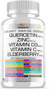 Stamiron Quercetin 1000mg Zinc 50mg Vitamin C 1000mg Supplement Immune Support Defense w Vit D3 5000IU Elderberry Echinacea Artemisinin Turmeric Ginger Quercitin Bromelain Garlic Nettle -USA Made 60ct in Pakistan
