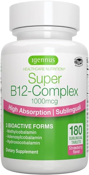 Super B12-Complex 1000mcg, Sublingual Vitamin B12, Methylcobalamin, 180 Servings, Adenosylcobalamin & Hydroxocobalamin, Clean Label, High Absorption Sugar-Free Melts, Vegan, by Igennus in Pakistan
