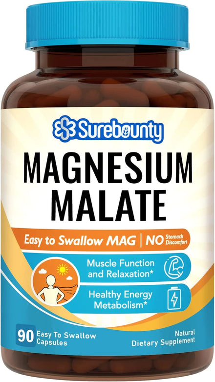 Surebounty Magnesium Malate, 410 mg Magnesium Malate (45 mg Elemental Magnesium), Morning MAG Regime, Energy & Muscle, for Children, Teenagers, and Adults, No Oxide, 90 Easy to Swallow Capsules