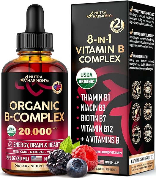 USDA Organic Vitamin B Complex Liquid Drops - 8-in-1 B Complex Vitamins: B1, B2, B3, B5, B6, B7, B8, B9, B12 - Made in USA - Energy, Brain & Heart Support - Natural Berry Flavor - 2 Month Supply in Pakistan in Pakistan