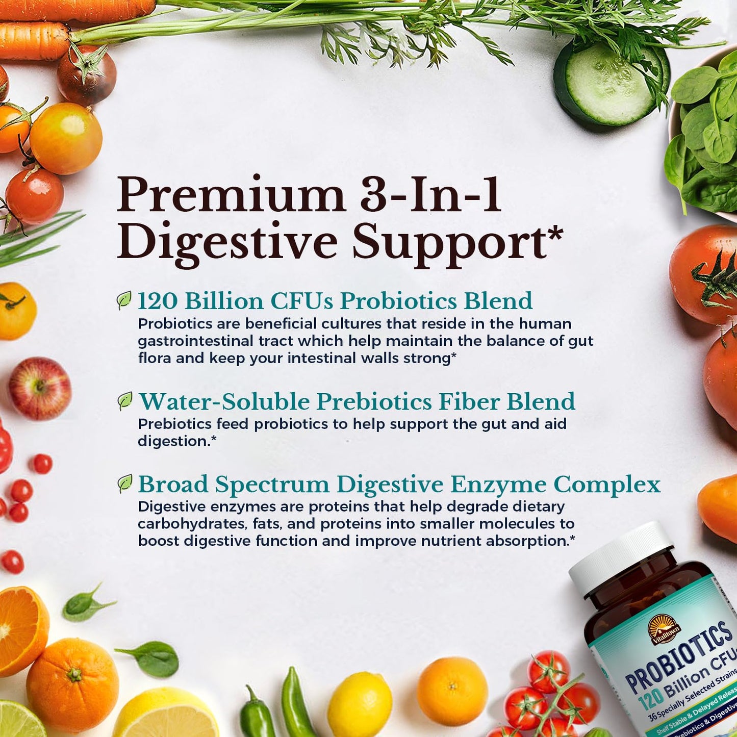 VITALITOWN Probiotics 120 Billion CFUs | 36 Strains, with Prebiotics & Digestive Enzymes for Men Women | Shelf Stable | Digestive & Immune Support | Vegan, Non-GMO | 30 Delayed Release Veg Caps