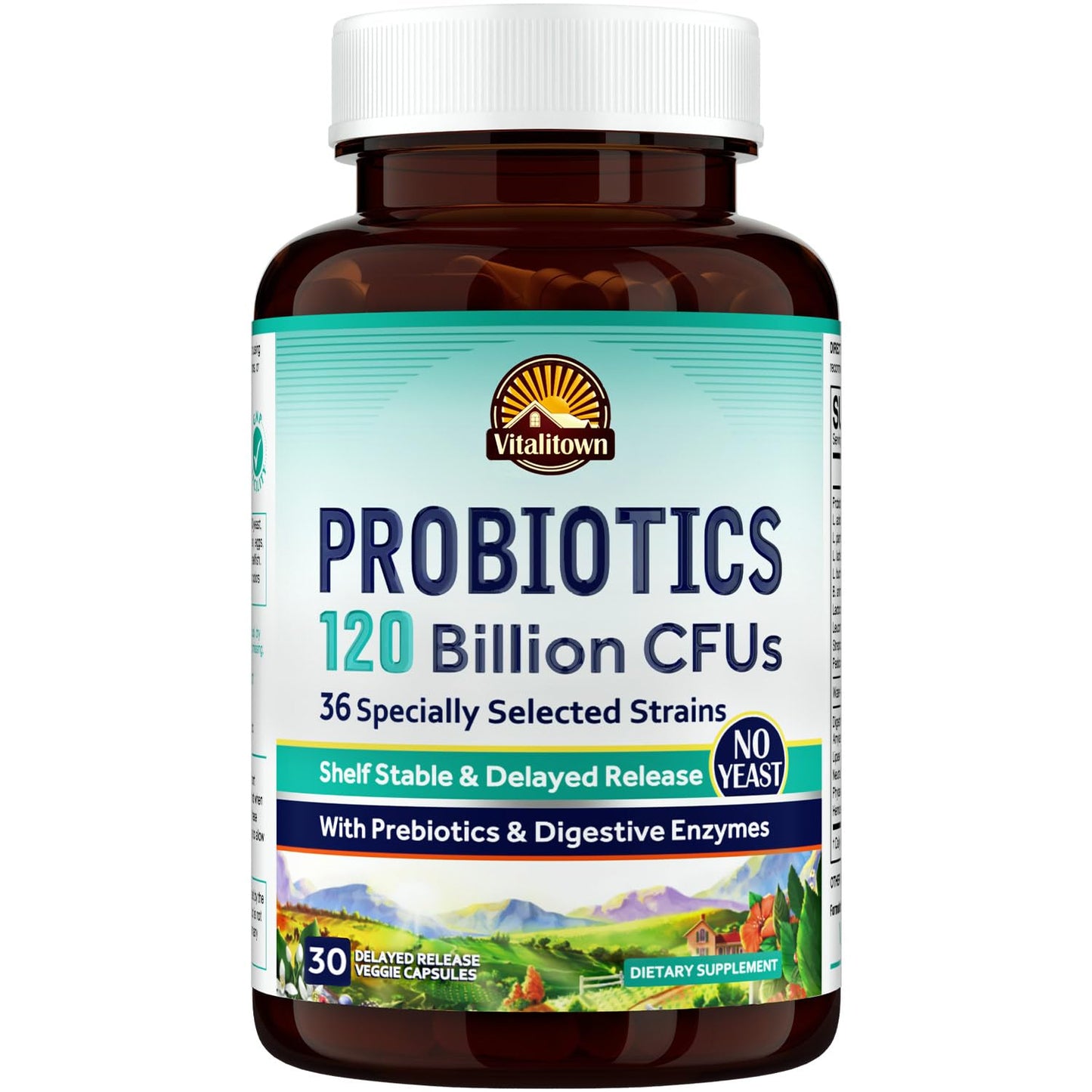 VITALITOWN Probiotics 120 Billion CFUs | 36 Strains, with Prebiotics & Digestive Enzymes for Men Women | Shelf Stable | Digestive & Immune Support | Vegan, Non-GMO | 30 Delayed Release Veg Caps