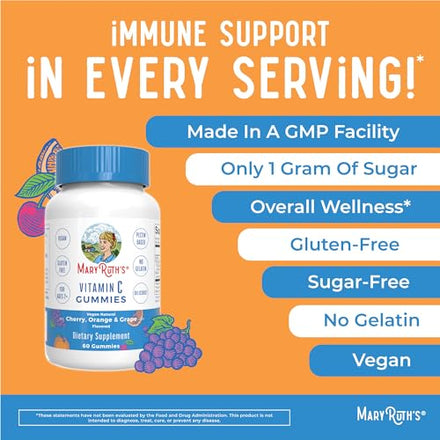 Vegan Vitamin C Gummies by MaryRuth's | 2 Month Supply | Immune Support Supplement | Adults & Kids Vitamin C | Chewable Vitamin C Gummy Vitamins | Non GMO | Pectin Based | 60 Count
