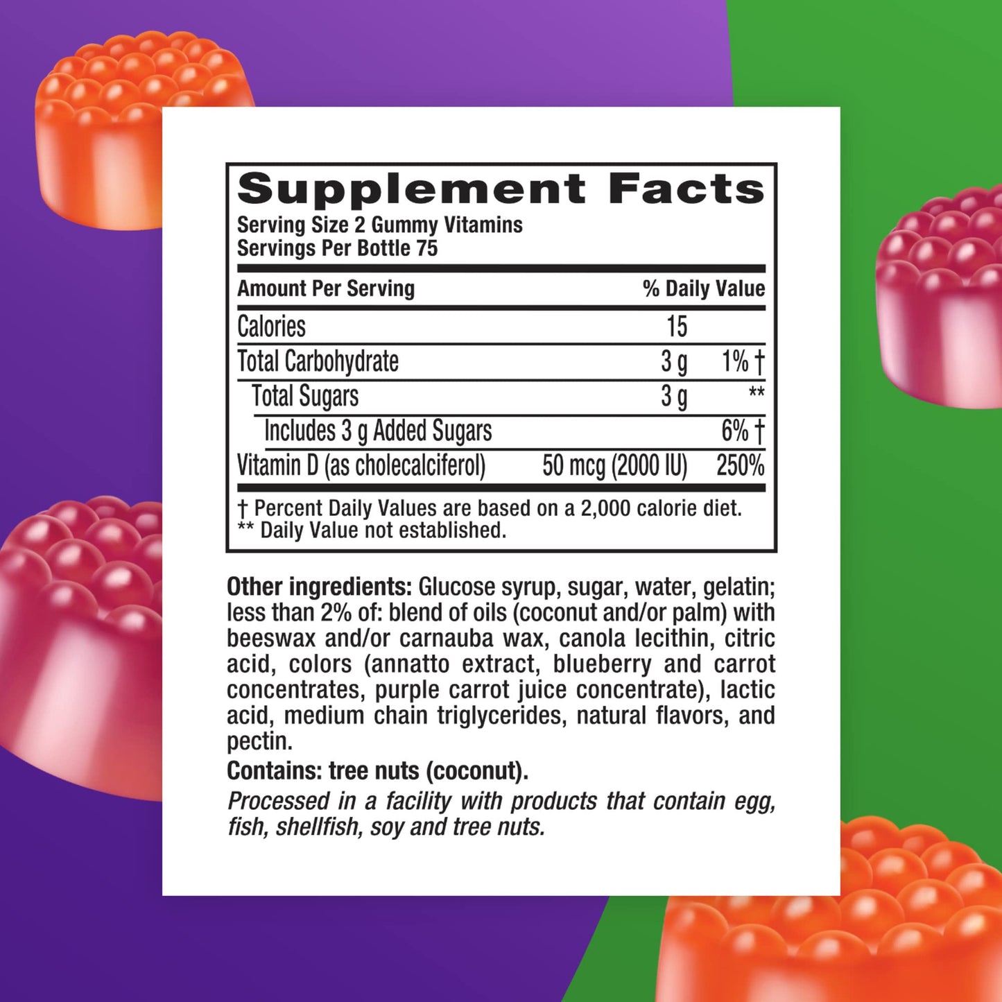 Vitafusion Vitamin D3 Gummy Vitamins for Bone and Immune System Support, Peach, Blackberry and Strawberry Flavored, 50 mcg Vitamin D, 75 Day Supply, 150 Count