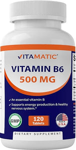 Vitamatic Vitamin B6 (Pyridoxine HCI), 500 mg 120 Vegetarian Tablets - Promotes Energy Production, boosts Metabolism and Immune Health Support in Pakistan