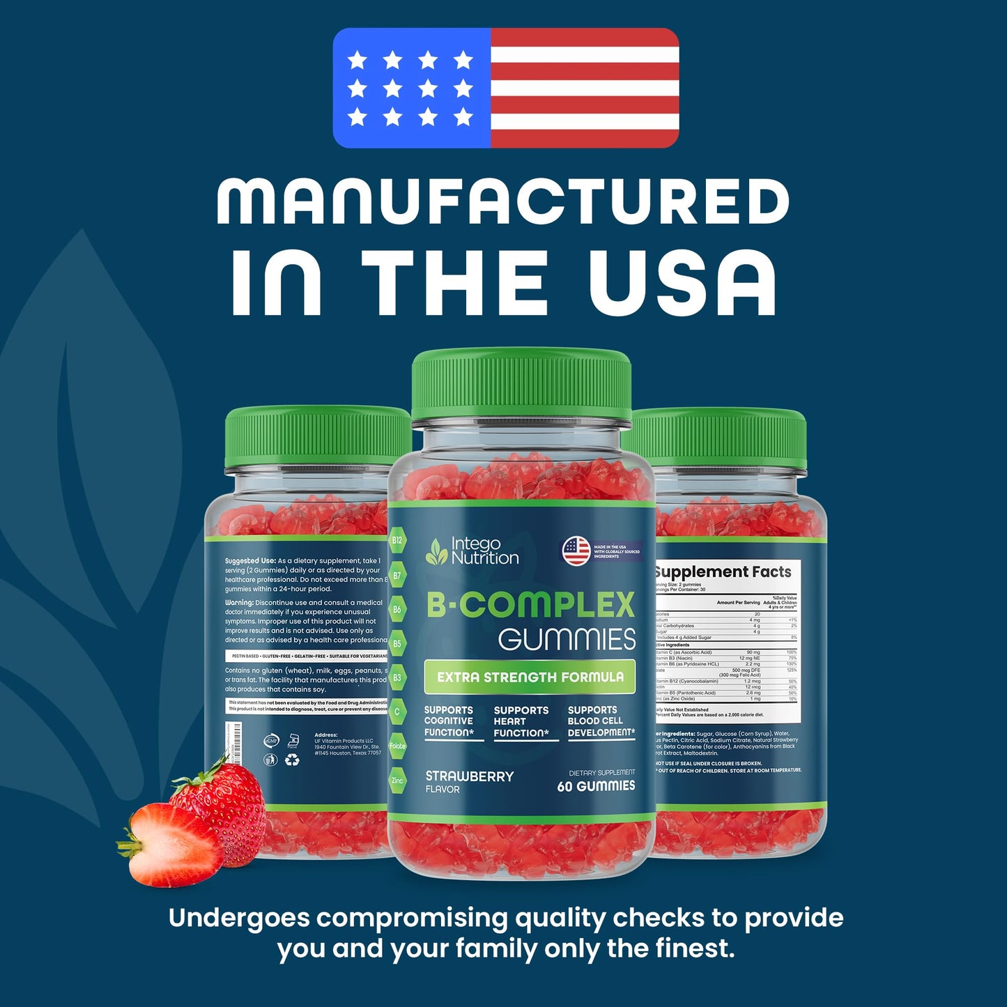 Vitamin B Complex Gummies for Adults, B Complex Vitamin Supplement for Women and Men, B Vitamins Complex Gummies for Energy and Brain Health, Natural Strawberry Flavor, 60 Count - Intego Nutrition