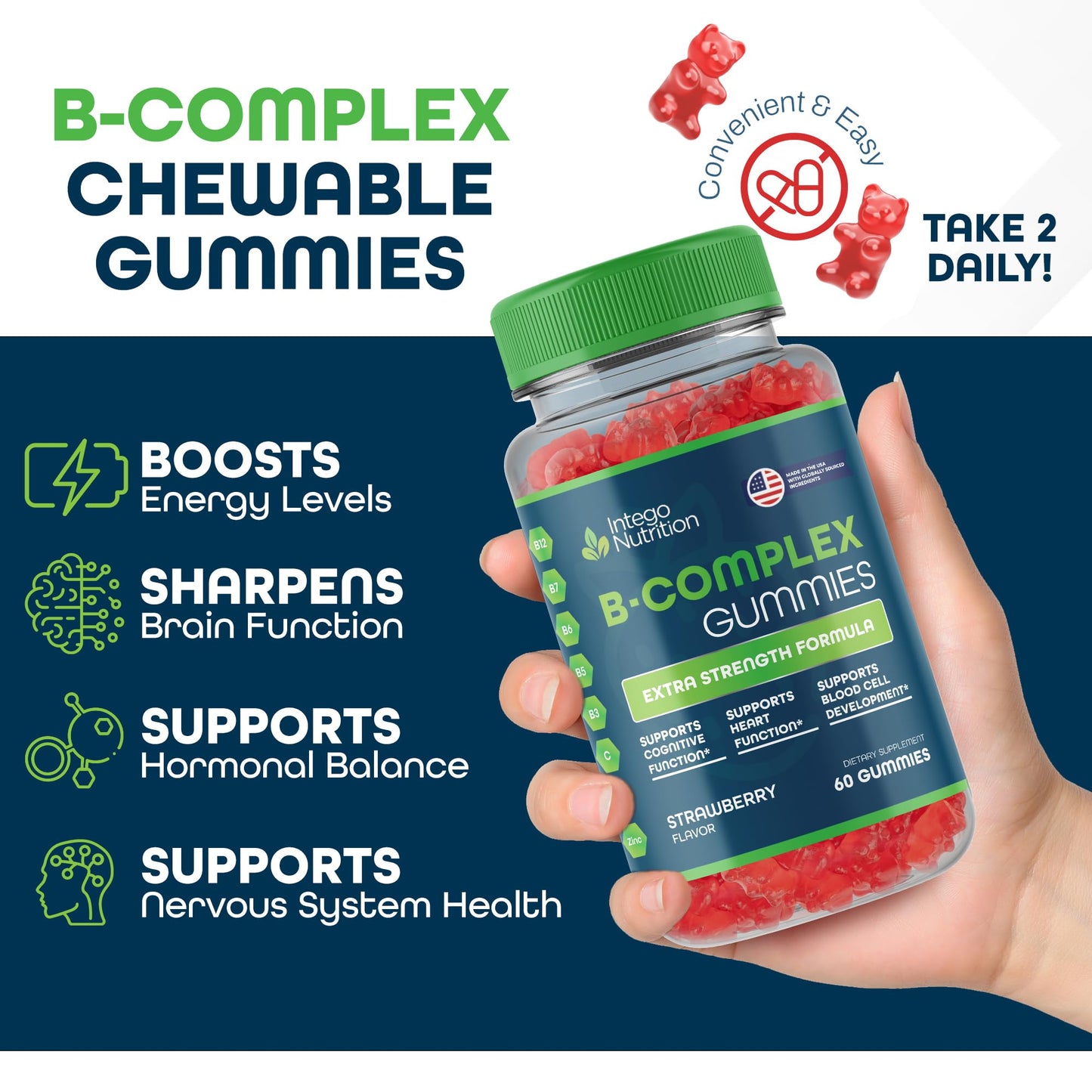 Vitamin B Complex Gummies for Adults, B Complex Vitamin Supplement for Women and Men, B Vitamins Complex Gummies for Energy and Brain Health, Natural Strawberry Flavor, 60 Count - Intego Nutrition