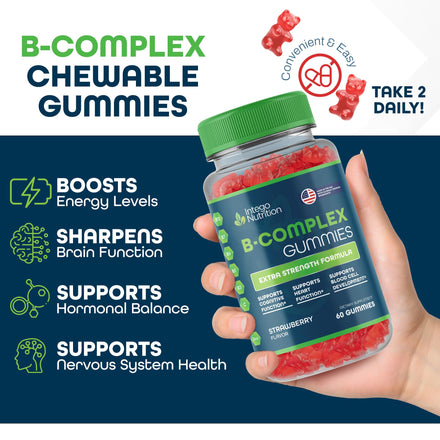 Vitamin B Complex Gummies for Adults, B Complex Vitamin Supplement for Women and Men, B Vitamins Complex Gummies for Energy and Brain Health, Natural Strawberry Flavor, 60 Count - Intego Nutrition