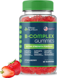 Vitamin B Complex Gummies for Adults, B Complex Vitamin Supplement for Women and Men, B Vitamins Complex Gummies for Energy and Brain Health, Natural Strawberry Flavor, 60 Count - Intego Nutrition