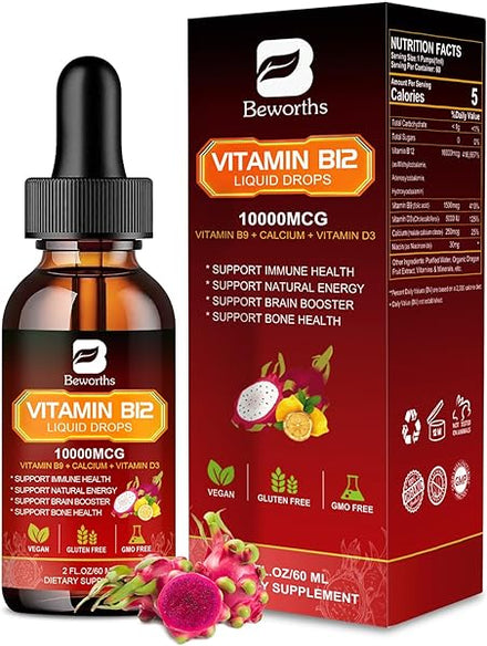 Vitamin B12 Liquid - Vitamin B12 Sublingual Liquid Drops | Methylcobalamin B12,10000mcg Formula with Vitamin B9, Vitamin D3, Calcium | Vegan B12 Vitamins Support Energy & Mood, Memory, Immune System in Pakistan