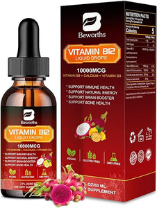 Vitamin B12 Liquid - Vitamin B12 Sublingual Liquid Drops | Methylcobalamin B12,10000mcg Formula with Vitamin B9, Vitamin D3, Calcium | Vegan B12 Vitamins Support Energy & Mood, Memory, Immune System in Pakistan