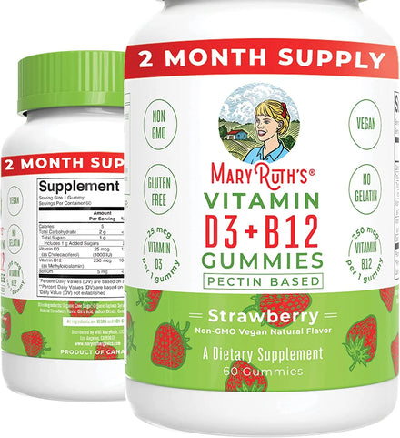 Vitamin D3 + Vitamin B12 Gummies | 2 Month Supply | USDA Organic | Vitamin D & B12 Supplement for Adults & Kids Ages 2+ | Bone Health | Energy Boost | Vegan | Non-GMO | Gluten Free | 60 Count