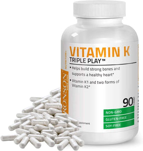 Vitamin K Triple Play (Vitamin K2 MK7 / Vitamin K2 MK4 / Vitamin K1) Full Spectrum Complex Vitamin K Supplement, 180 Capsules