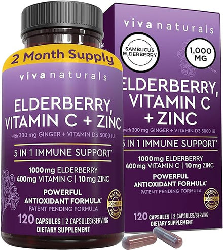 Viva Naturals Sambucus Elderberry with Vitamin C and Zinc for Adults - 5 in 1 Sambucus Black Elderberry Capsules with Vitamin D3 5000 IU, Elderberry Immune Support Supplement 2 Months Supply Pills in Pakistan
