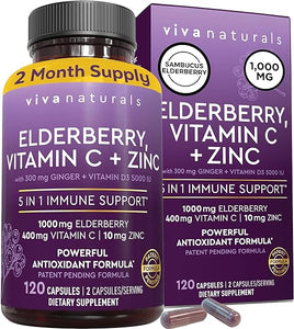 Viva Naturals Sambucus Elderberry with Vitamin C and Zinc for Adults - 5 in 1 Sambucus Black Elderberry Capsules with Vitamin D3 5000 IU, Elderberry Immune Support Supplement 2 Months Supply Pills in Pakistan