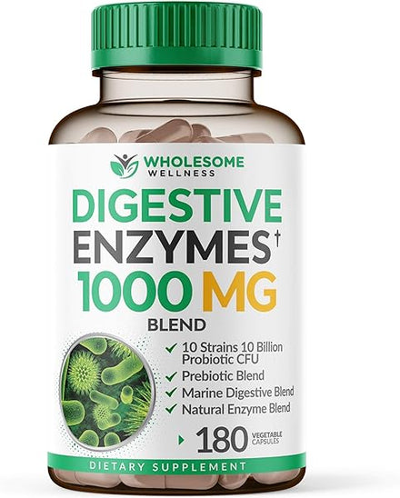 Wholesome Wellness Digestive Enzymes 1000MG Plus Prebiotics & Probiotics Supplement, 180 Capsules, Organic Plant-Based Vegan Formula for Digestion & Lactose with Amylase & Bromelain,3-6 Months Supply in Pakistan