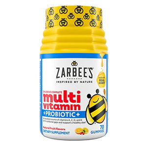 Zarbee's Kid's Complete Multivitamin + Probiotic Gummies with Vitamins A, B, C, D, E & zinc for Digestive Health, Easy to Chew, Kids Daily Multivitamin Gummies, Natural Fruit, 70 Count