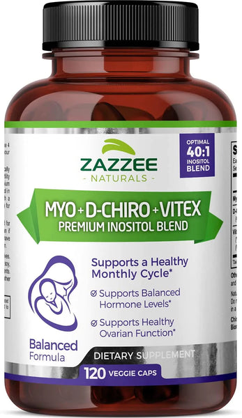 Zazzee Myo-Inositol + D-Chiro + Vitex, 120 Vegan Capsules, Optimal 40:1 Inositol Ratio, with 500 mg Vitex, Vegan, Non-GMO and All-Natural, Supports Healthy Ovulation and a Regular Cycle in Pakistan