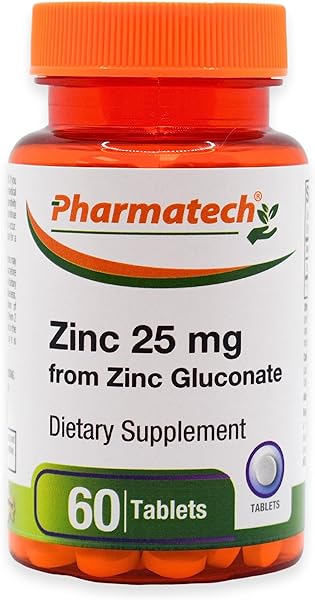 Zinc Gluconate 25 mg Chelated Elemental Zinc, Immune Support Supplement Mineral Antioxidant for Vegetarians, Acne, Easy to Swallow, 60 Tablets, by Pharmatech® in Pakistan